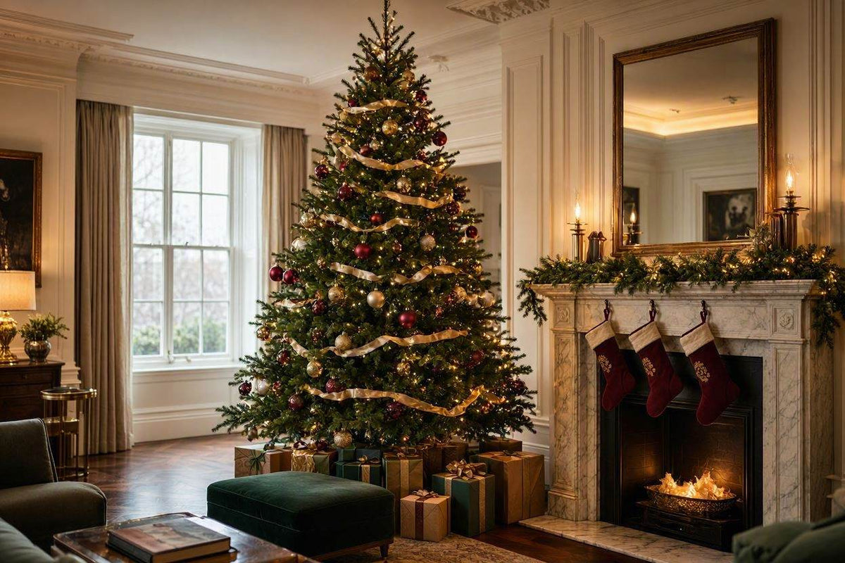 Fully decorated real Christmas tree package in a living room